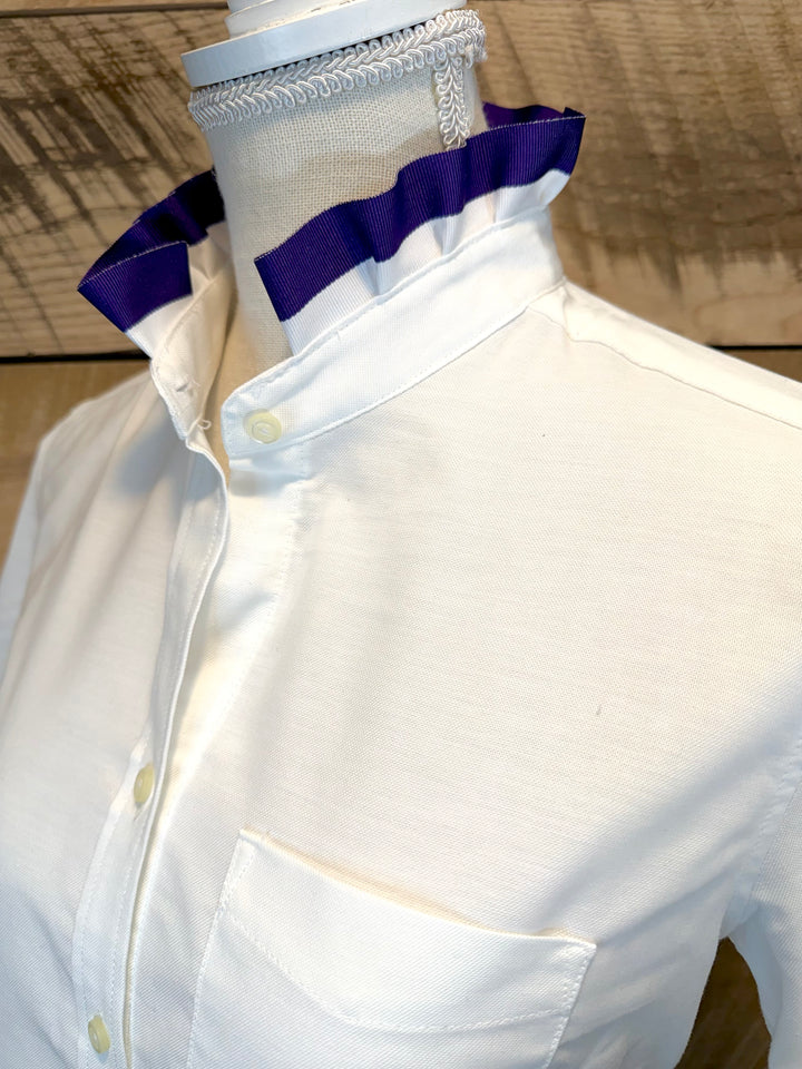 GAME DAY Ellie SS Ruffle Oxford - White w White & Purple Stripe Ribbon (GDE11)