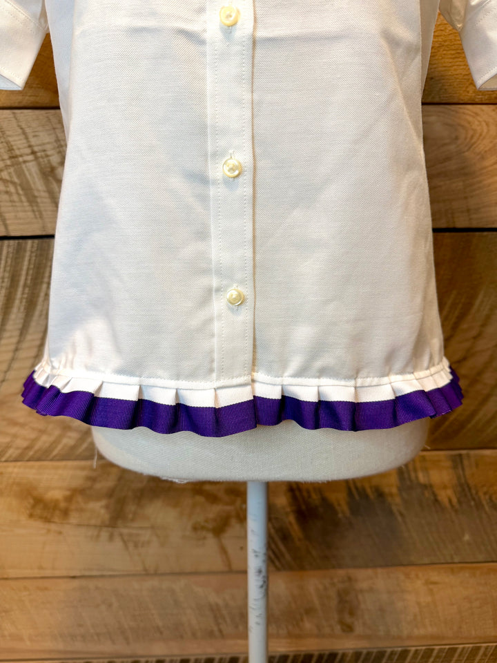 GAME DAY Ellie SS Ruffle Oxford - White w White & Purple Stripe Ribbon (GDE11)