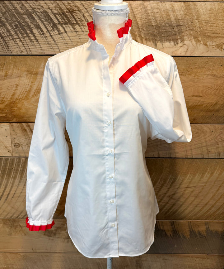 Game Day Dionne Ruffled Ribbon Shirt - White w Red & White Stripe Ribbon (GDD05)