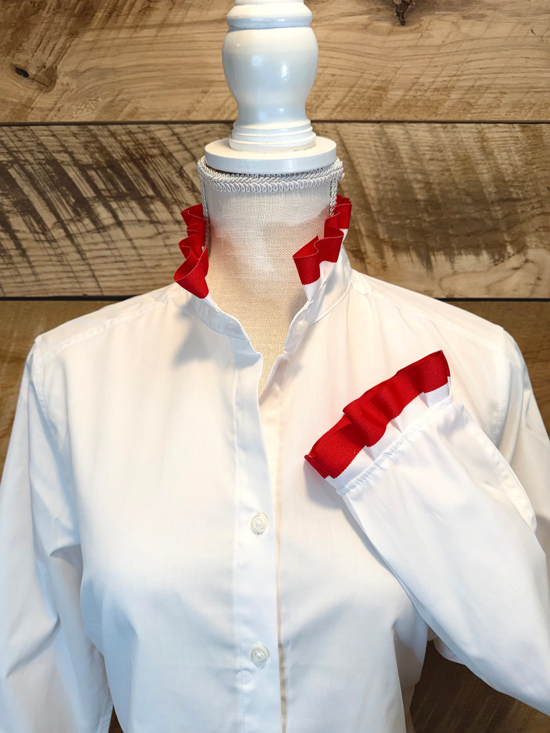 Game Day Dionne Ruffled Ribbon Shirt - White w Red & White Stripe Ribbon (GDD05)
