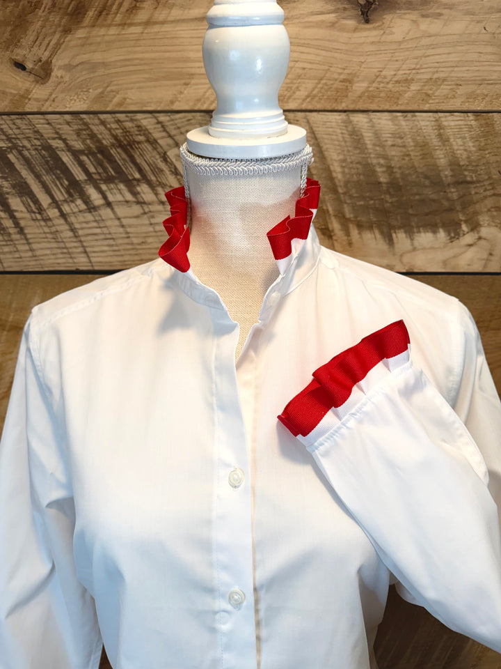 Game Day Dionne Ruffled Ribbon Shirt - White w Red & White Stripe Ribbon (GDD05)