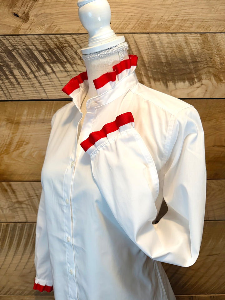 Game Day Dionne Ruffled Ribbon Shirt - White w Red & White Stripe Ribbon (GDD05)