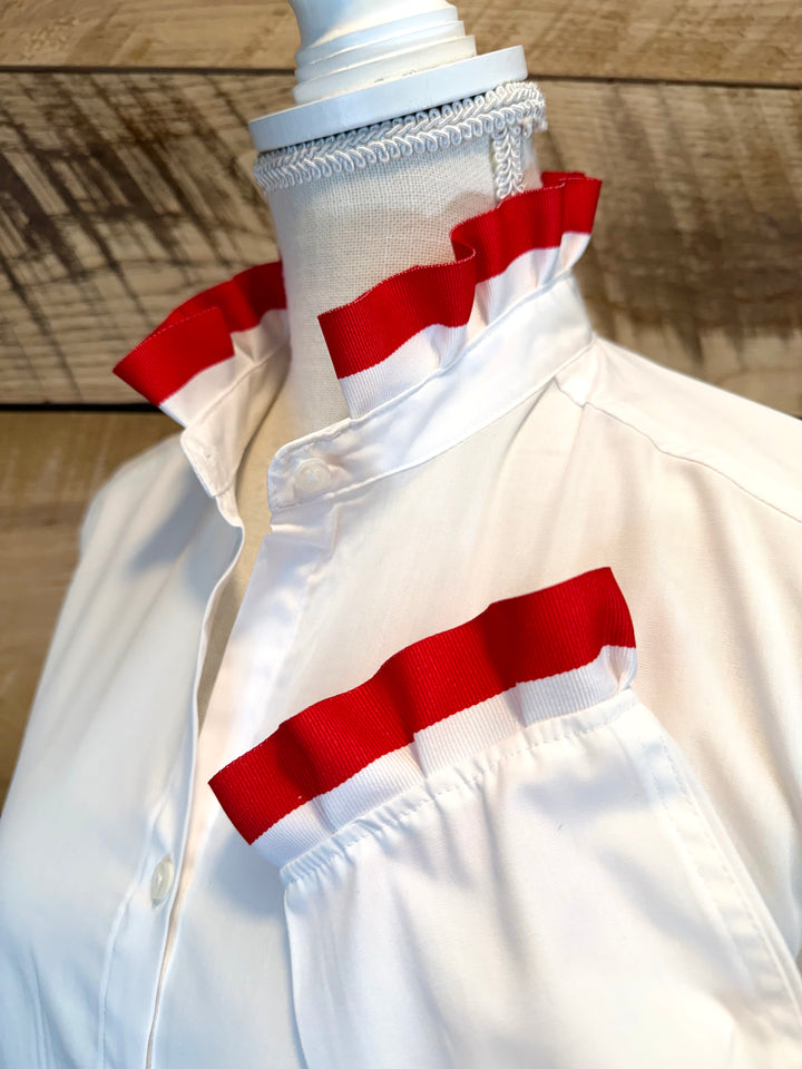 Game Day Dionne Ruffled Ribbon Shirt - White w Red & White Stripe Ribbon (GDD05)