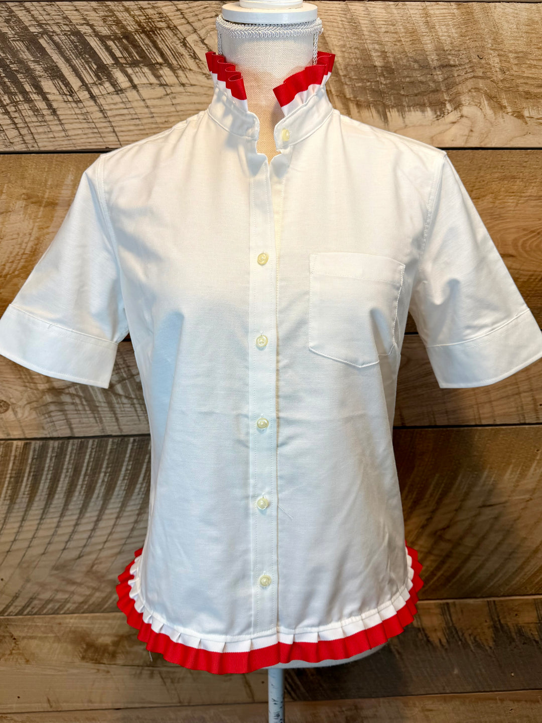 GAME DAY Ellie SS Ruffle Oxford - White w Red & White Stripe Ribbon (GDE05)