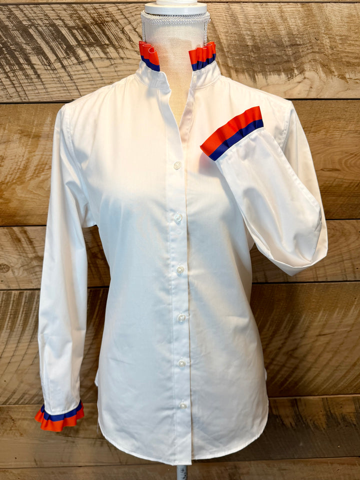 Game Day Dionne Ruffled Ribbon Shirt - White w Orange & Royal Stripe Ribbon (GDD07)