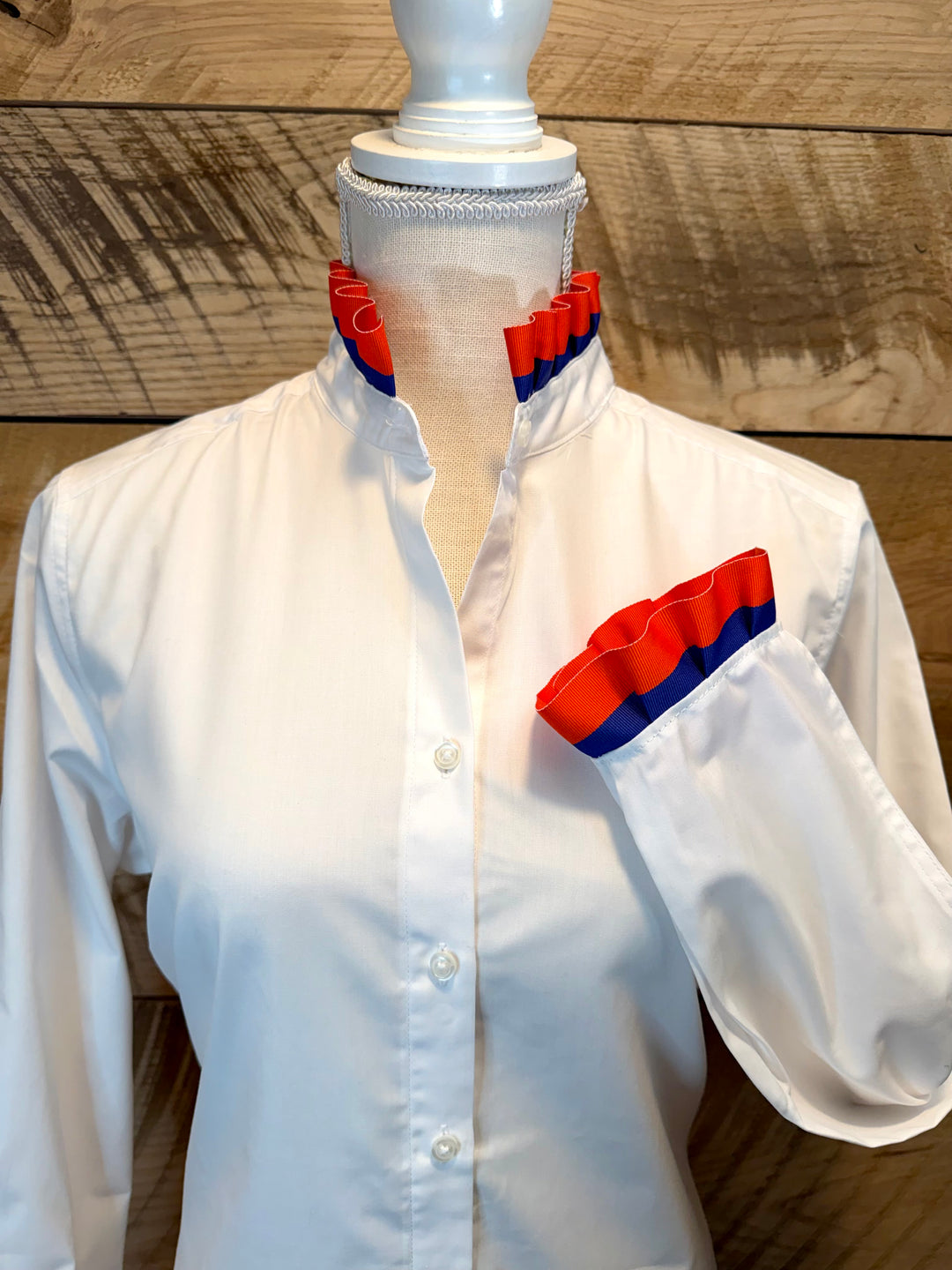 Game Day Dionne Ruffled Ribbon Shirt - White w Red & Royal Blue Stripe Ribbon (GDD01)