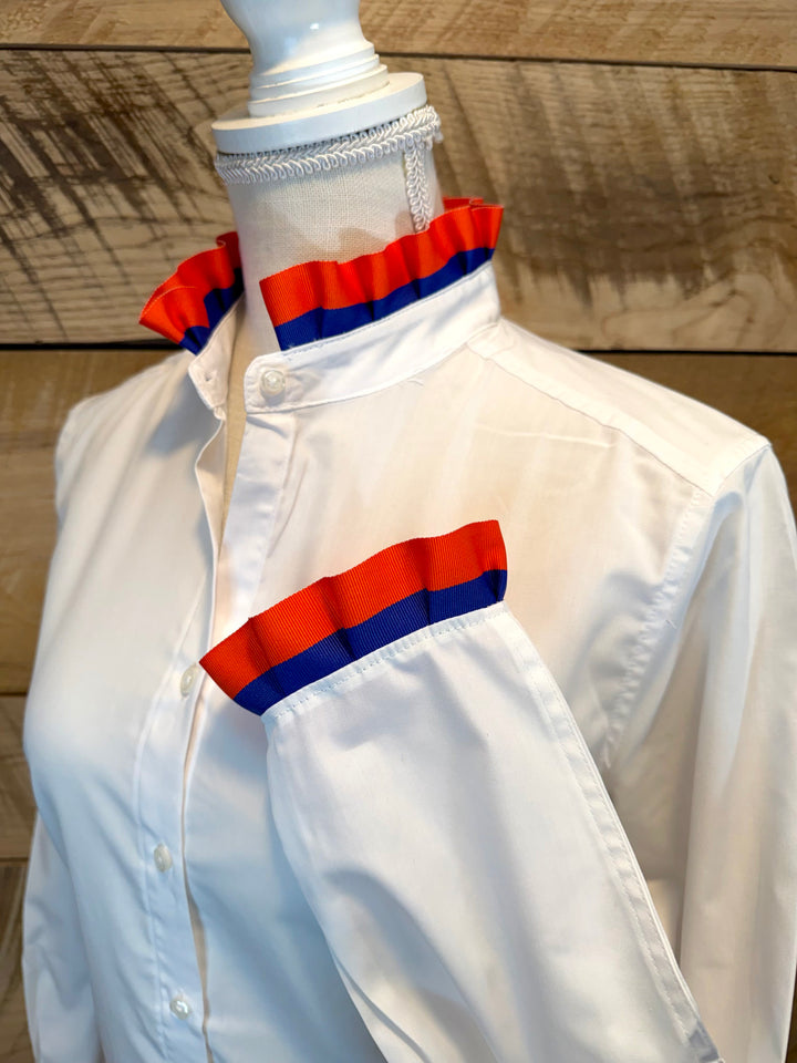 Game Day Dionne Ruffled Ribbon Shirt - White w Red & Royal Blue Stripe Ribbon (GDD01)