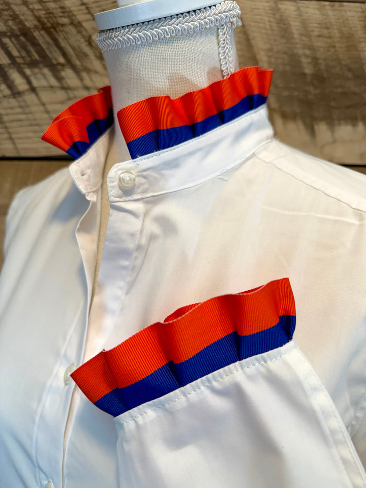 Game Day Dionne Ruffled Ribbon Shirt - White w Orange & Royal Stripe Ribbon (GDD07)