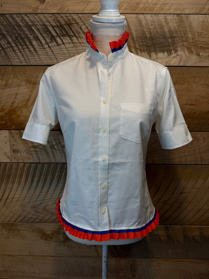 GAME DAY Ellie SS Ruffle Oxford - White w Orange & Royal Blue Stripe Ribbon (GDE07)