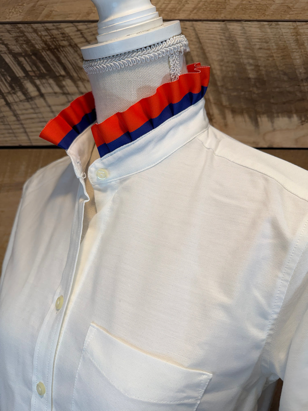 GAME DAY Ellie SS Ruffle Oxford - White w Orange & Royal Blue Stripe Ribbon (GDE07)