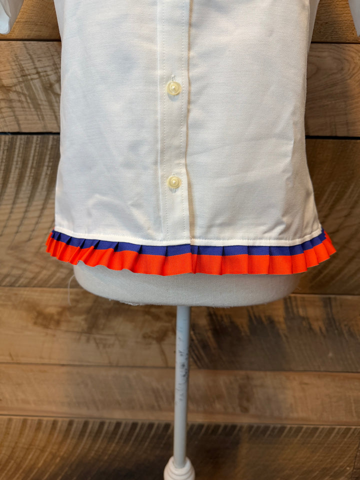 GAME DAY Ellie SS Ruffle Oxford - White w Orange & Royal Blue Stripe Ribbon (GDE07)