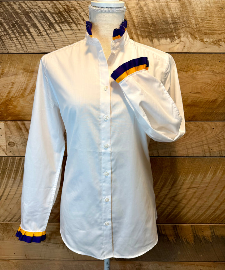 Game Day Dionne Ruffled Ribbon Shirt - White w Purple & Gold Stripe Ribbon (GDD02)