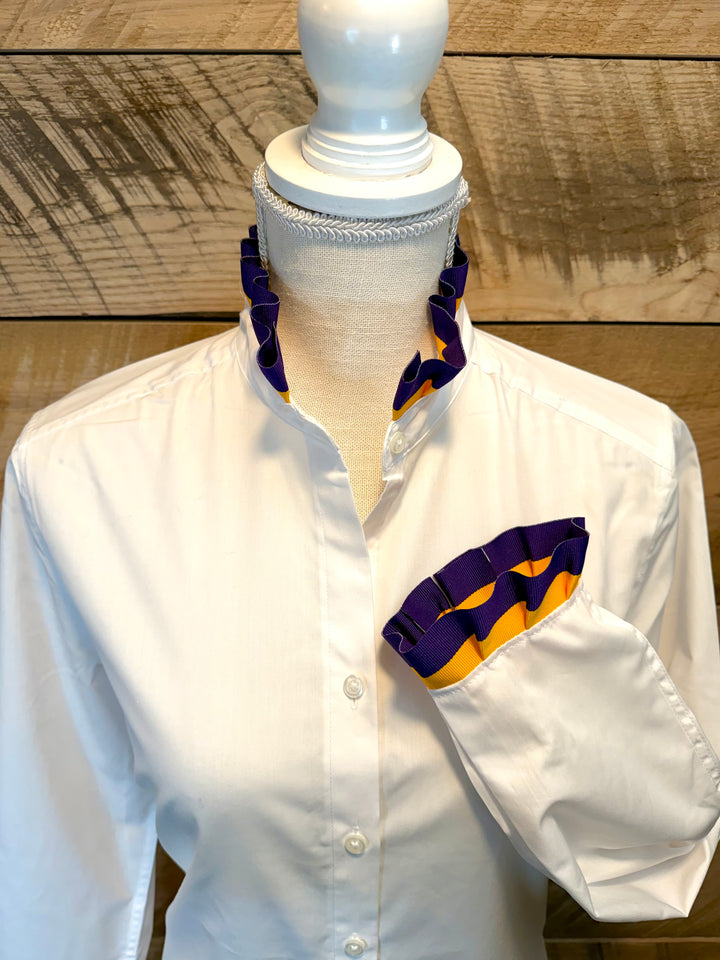 Game Day Dionne Ruffled Ribbon Shirt - White w Purple & Gold Stripe Ribbon (GDD02)