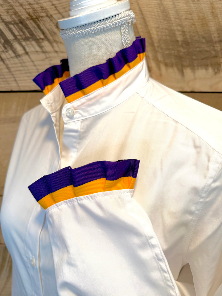 Game Day Dionne Ruffled Ribbon Shirt - White w Purple & Gold Stripe Ribbon (GDD02)