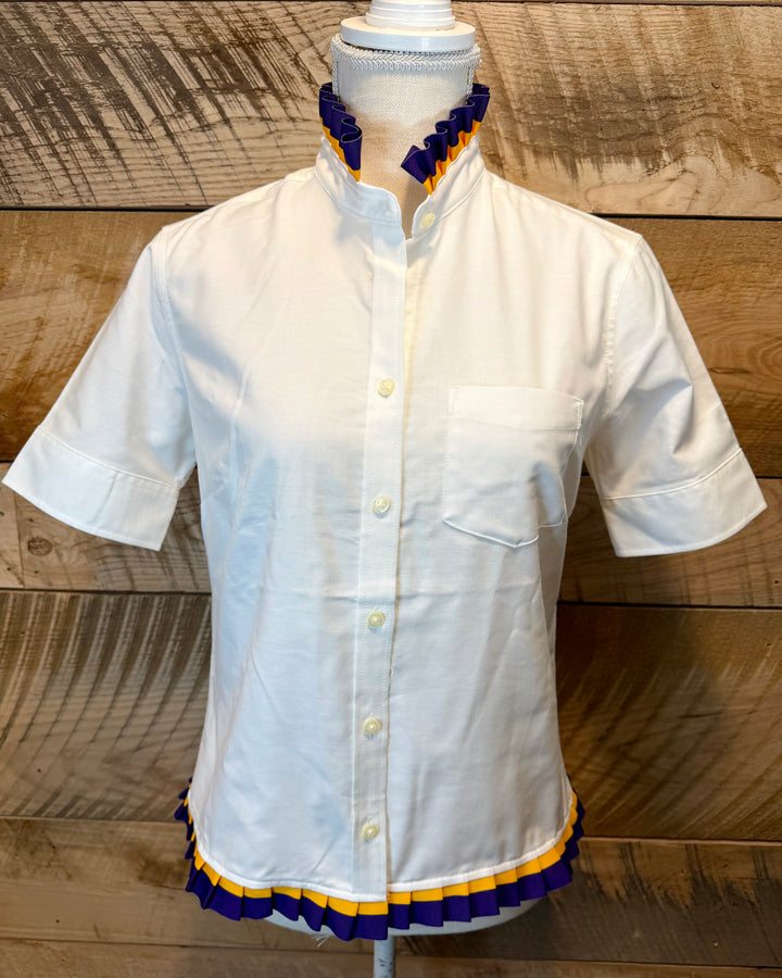 GAME DAY Ellie SS Ruffle Oxford - White w Purple & Gold Stripe Ribbon (GDE02)