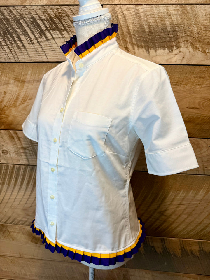 GAME DAY Ellie SS Ruffle Oxford - White w Purple & Gold Stripe Ribbon (GDE02)
