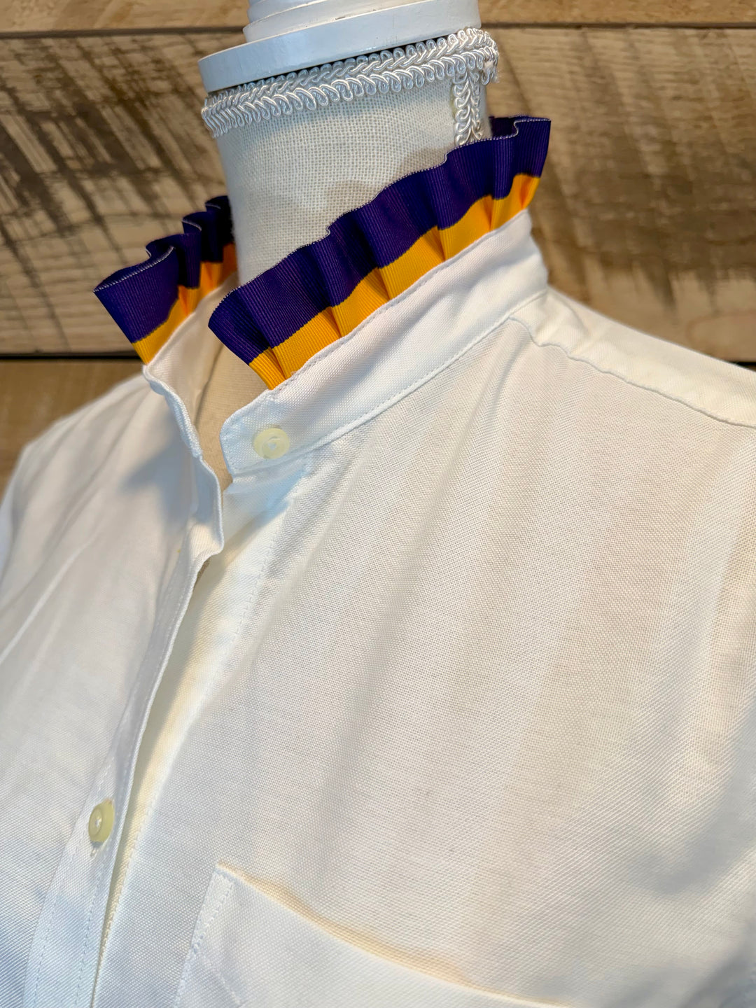GAME DAY Ellie SS Ruffle Oxford - White w Purple & Gold Stripe Ribbon (GDE02)