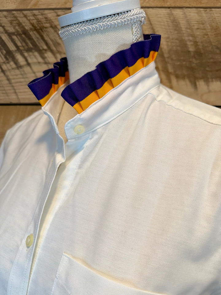 GAME DAY Ellie SS Ruffle Oxford - White w Purple & Gold Stripe Ribbon (GDE02)