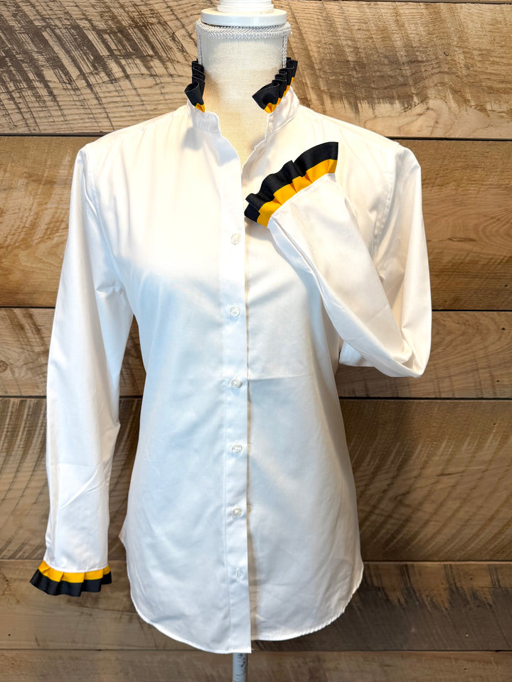 Game Day Dionne Ruffled Ribbon Shirt - White w Black & Gold Stripe Ribbon (GDD06)