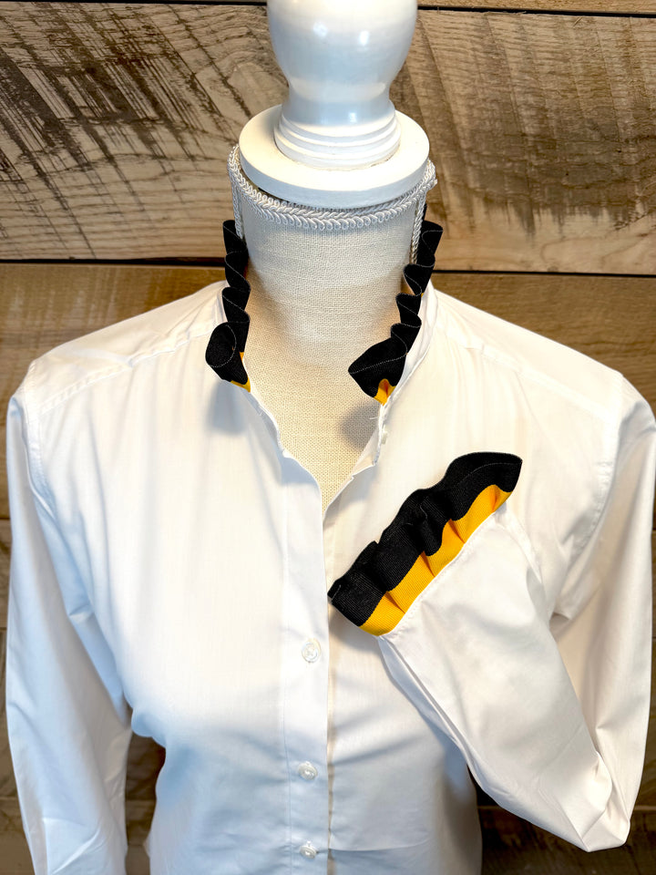 Game Day Dionne Ruffled Ribbon Shirt - White w Black & Gold Stripe Ribbon (GDD06)