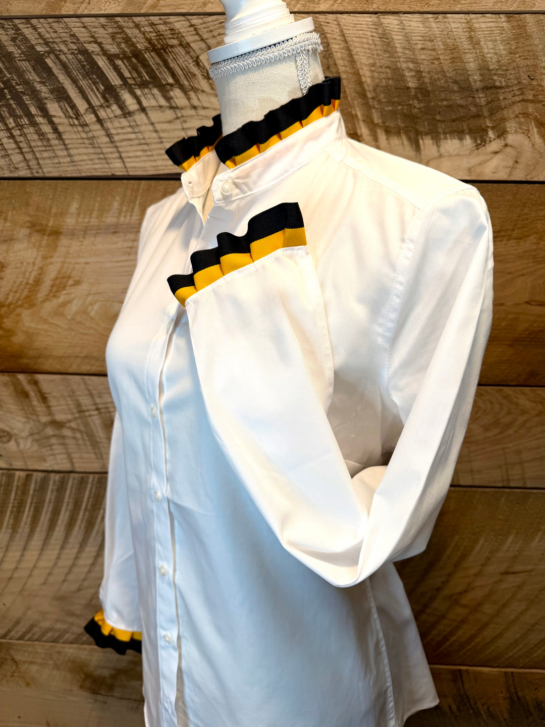 Game Day Dionne Ruffled Ribbon Shirt - White w Black & Gold Stripe Ribbon (GDD06)