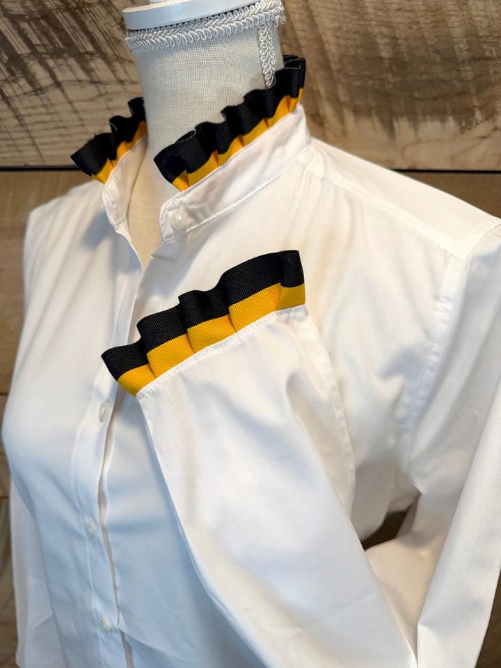 Game Day Dionne Ruffled Ribbon Shirt - White w Black & Gold Stripe Ribbon (GDD06)
