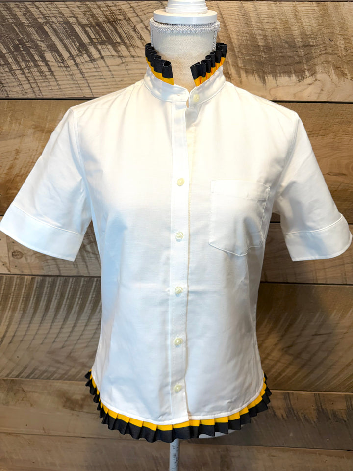 GAME DAY Ellie SS Ruffle Oxford - White w Black & Gold Stripe Ribbon (GDE06)