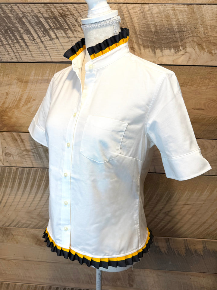 GAME DAY Ellie SS Ruffle Oxford - White w Black & Gold Stripe Ribbon (GDE06)