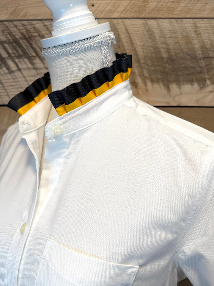 GAME DAY Ellie SS Ruffle Oxford - White w Black & Gold Stripe Ribbon (GDE06)