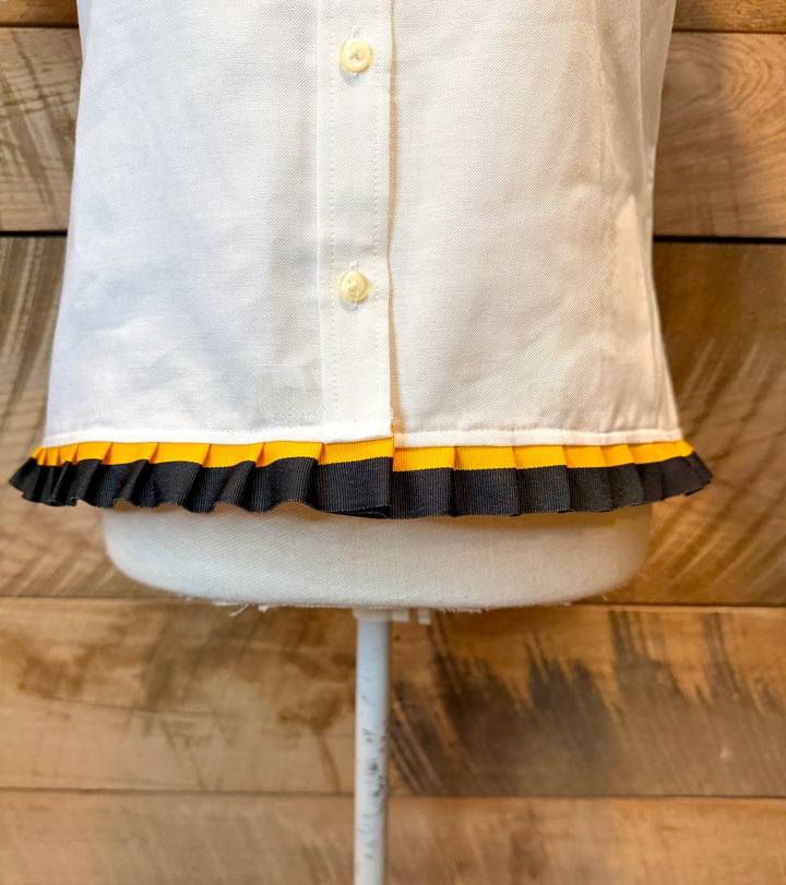 GAME DAY Ellie SS Ruffle Oxford - White w Black & Gold Stripe Ribbon (GDE06)