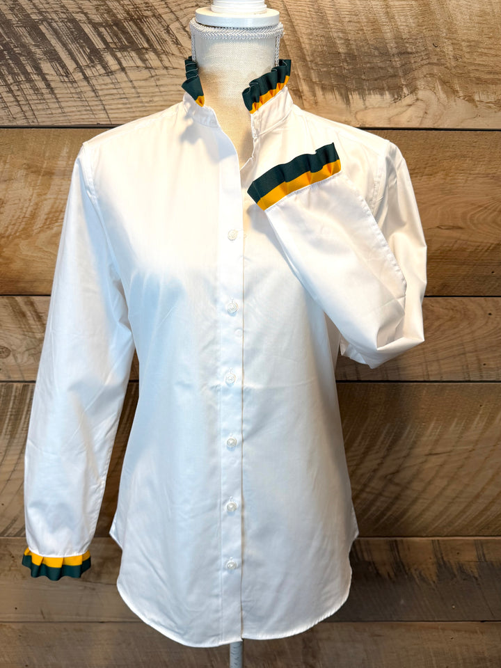 Game Day Dionne Ruffled Ribbon Shirt - White w Green & Gold Stripe Ribbon (GDD08)
