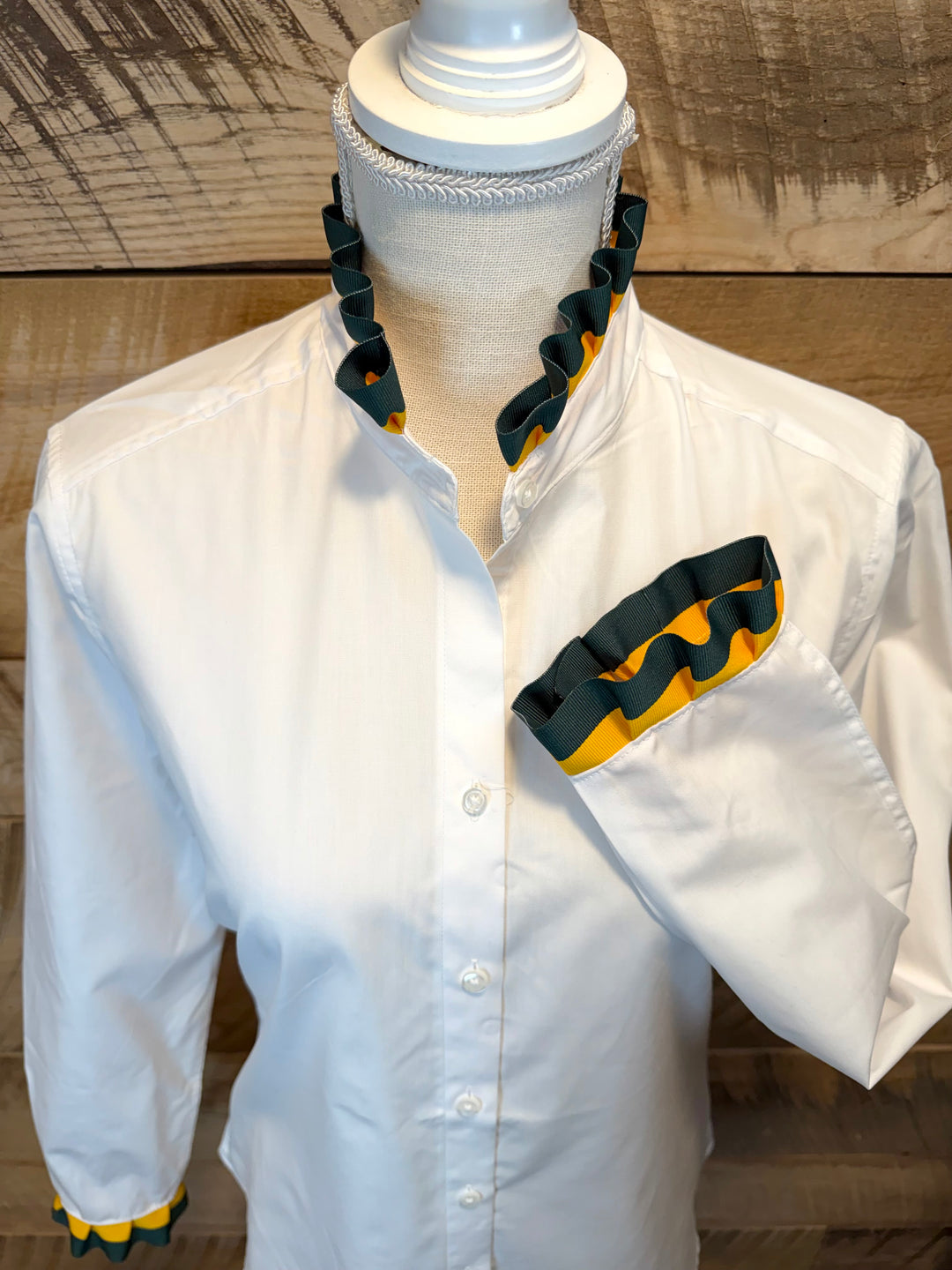 Game Day Dionne Ruffled Ribbon Shirt - White w Green & Gold Stripe Ribbon (GDD08)
