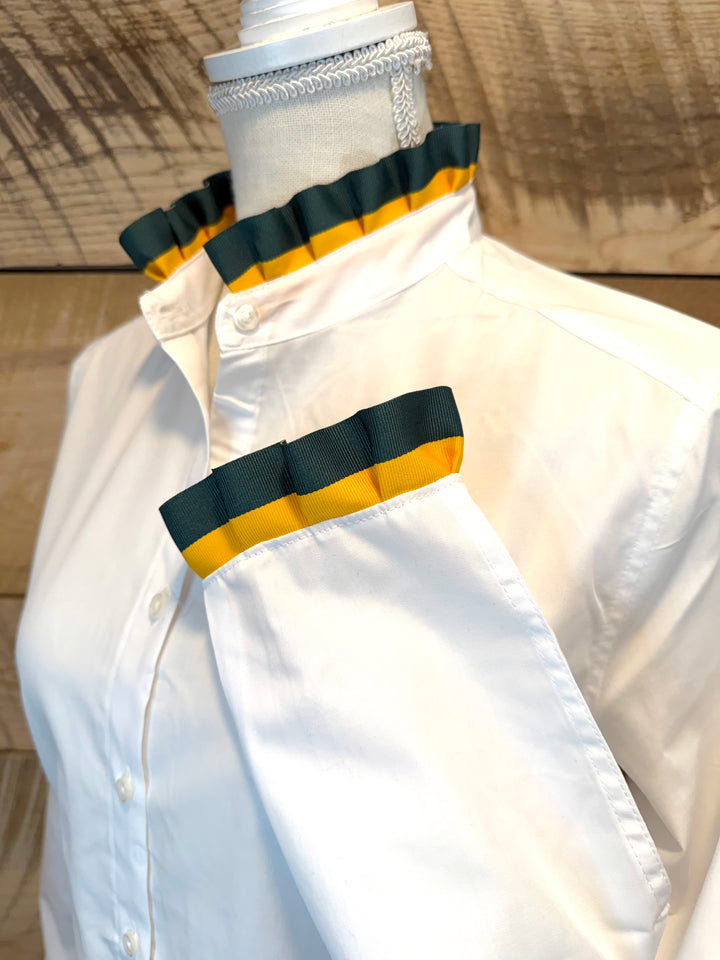 Game Day Dionne Ruffled Ribbon Shirt - White w Green & Gold Stripe Ribbon (GDD08)