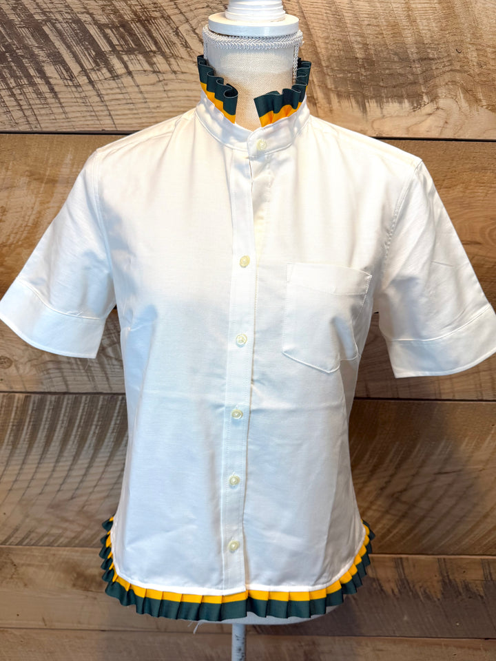 GAME DAY Ellie SS Ruffle Oxford - White w Green & Gold Stripe Ribbon (GDE08)