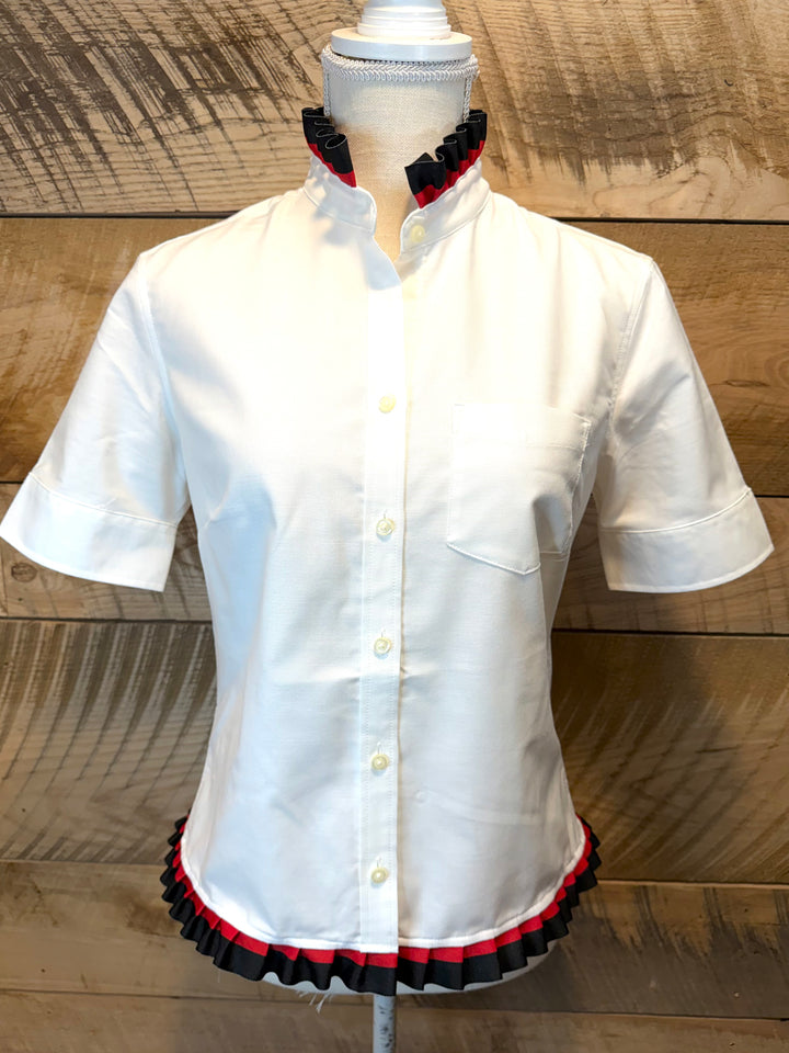 GAME DAY Ellie SS Ruffle Oxford - White w Black & Red Stripe Ribbon (GDE04)