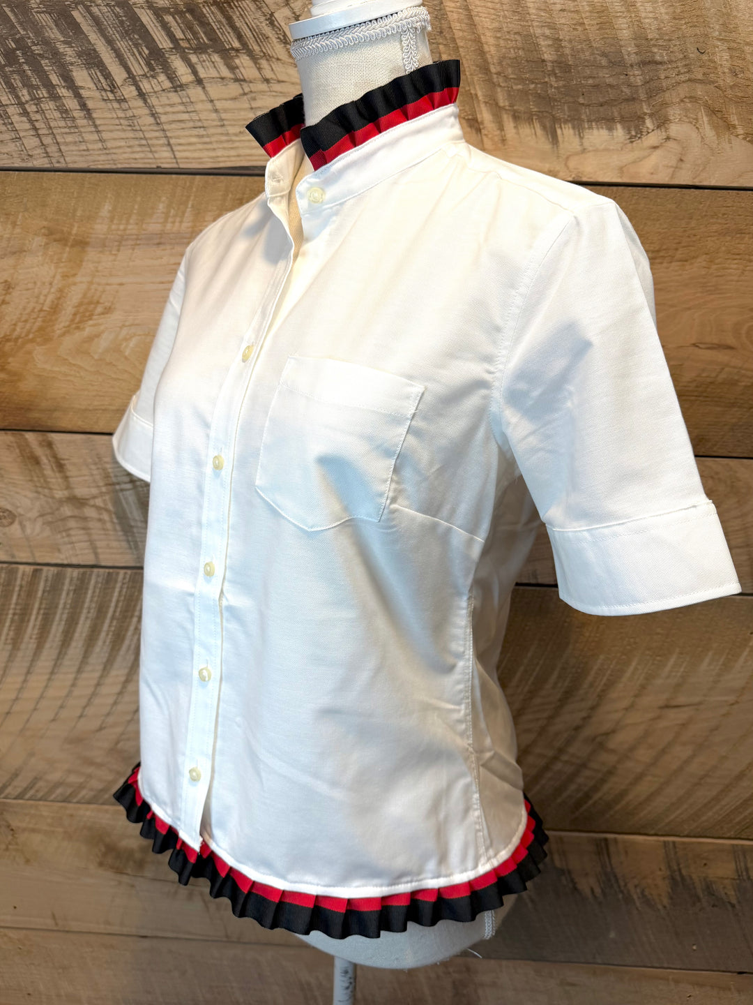 GAME DAY Ellie SS Ruffle Oxford - White w Black & Red Stripe Ribbon (GDE04)