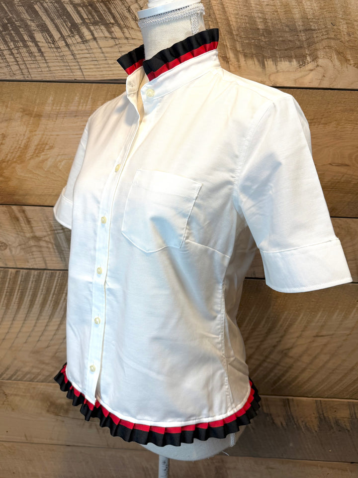 GAME DAY Ellie SS Ruffle Oxford - White w Black & Red Stripe Ribbon (GDE04)