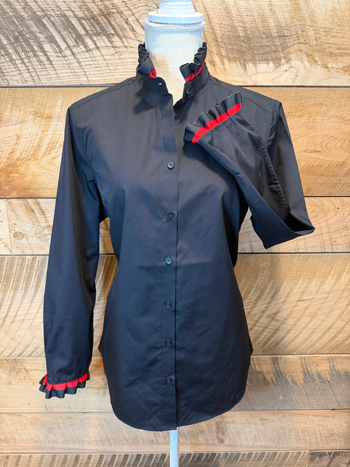 Game Day Dionne Ruffled Ribbon Shirt - Black w Black & Red Stripe Ribbon (GDD03)