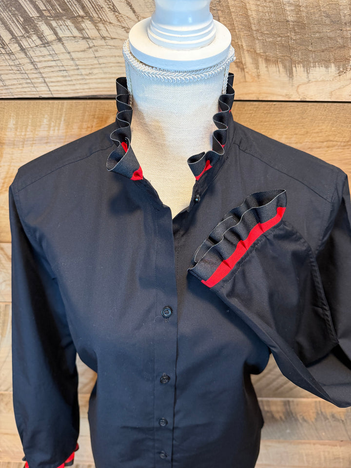 Game Day Dionne Ruffled Ribbon Shirt - Black w Black & Red Stripe Ribbon (GDD03)