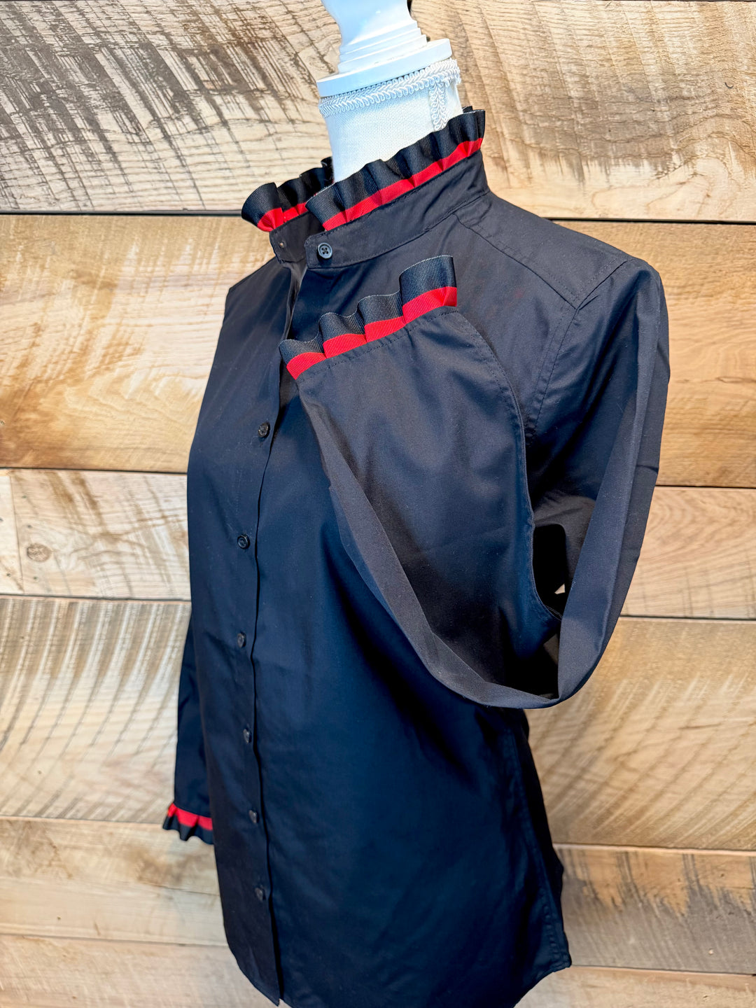 Game Day Dionne Ruffled Ribbon Shirt - Black w Black & Red Stripe Ribbon (GDD03)