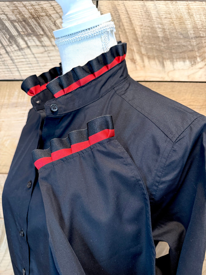 Game Day Dionne Ruffled Ribbon Shirt - Black w Black & Red Stripe Ribbon (GDD03)