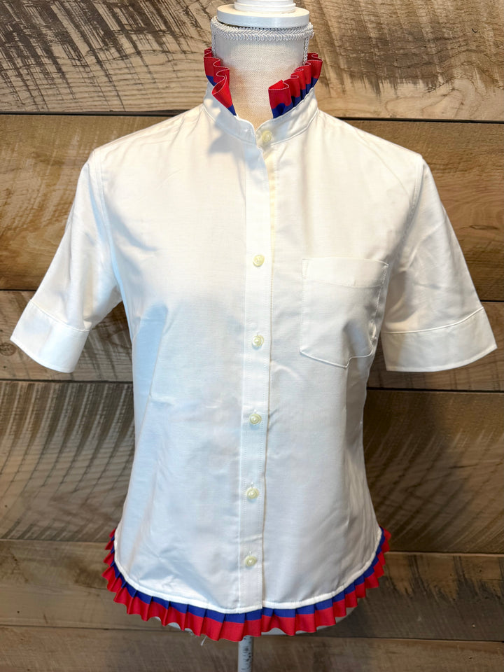 GAME DAY Ellie SS Ruffle Oxford - White w Red & Royal Blue Stripe Ribbon (GDE01)