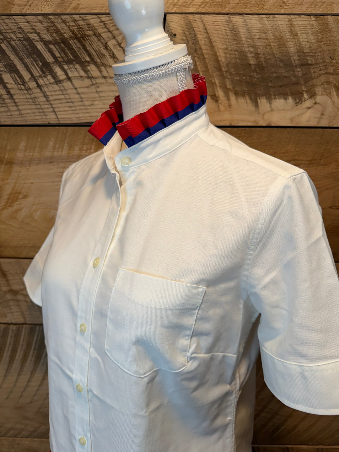 GAME DAY Ellie SS Ruffle Oxford - White w Red & Royal Blue Stripe Ribbon (GDE01)