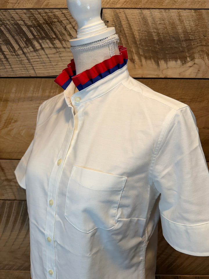 GAME DAY Ellie SS Ruffle Oxford - White w Red & Royal Blue Stripe Ribbon (GDE01)