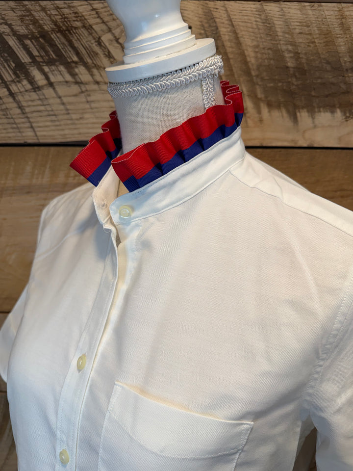 GAME DAY Ellie SS Ruffle Oxford - White w Red & Royal Blue Stripe Ribbon (GDE01)