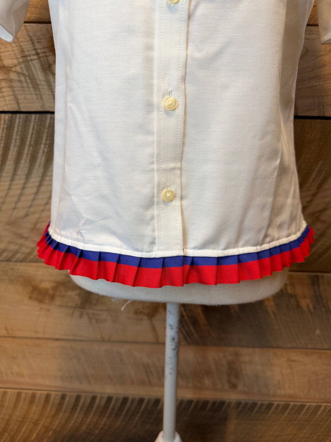 GAME DAY Ellie SS Ruffle Oxford - White w Red & Royal Blue Stripe Ribbon (GDE01)