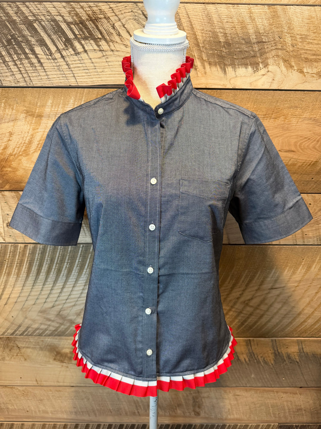 GAME DAY Ellie SS Ruffle Oxford - Black w Red & Grey Stripe Ribbon (GDE03)