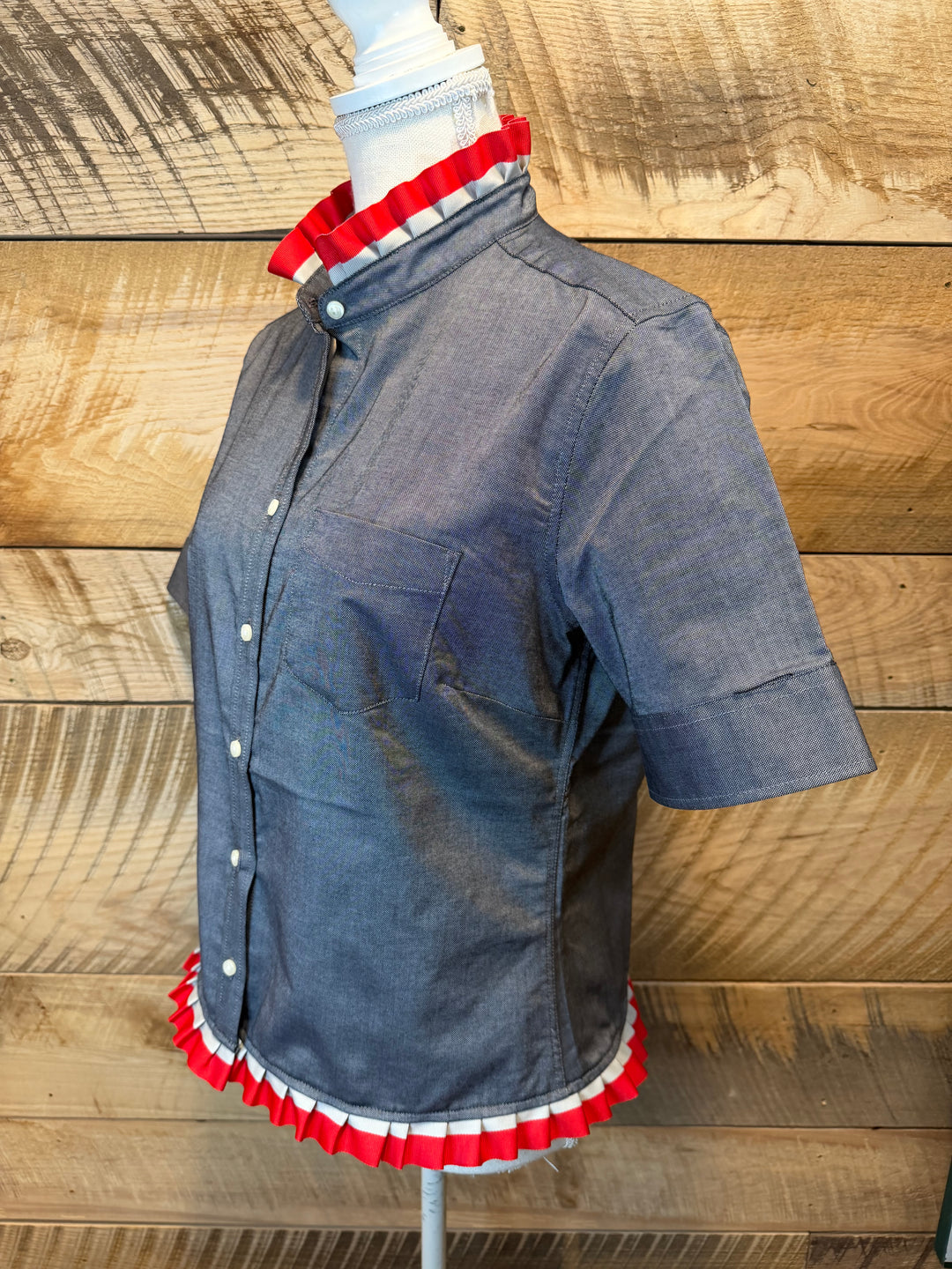 GAME DAY Ellie SS Ruffle Oxford - Black w Red & Grey Stripe Ribbon (GDE03)