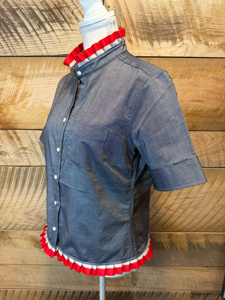 GAME DAY Ellie SS Ruffle Oxford - Black w Red & Grey Stripe Ribbon (GDE03)