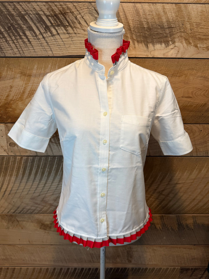 GAME DAY Ellie SS Ruffle Oxford - White w Red & Grey Stripe Ribbon (GDE12)